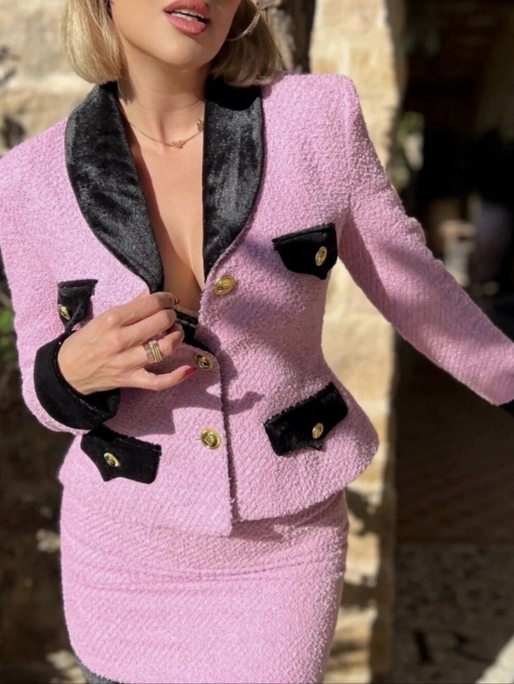 Nana Jacqueline Lilac Bouclé Jacket with Black Velvet Trim